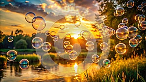 Soap bubbles floating in summer sunset