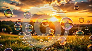 Soap bubbles floating in warm sunset light