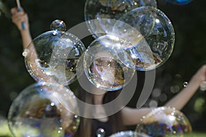 Soap bubbles fly in the air. Show and entertainment for children