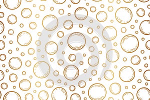 Soap bubbles gold seamless pattern. Cleaning concept. Water background. Handdrawn texture. Design wallpapers for prints bodycare,