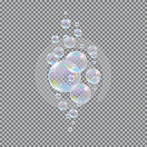 Soap bubbles. Realistic 3d water soapy balls isolated on transparent background. Abstract magic bubbly liquid vector