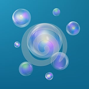 Soap bubbles. Realistic transparent soap bubbles. Soap bubbles 3D. Rainbow reflection. Vector Soap bubbles.