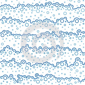 Soap bubbles. Sea and ocean waves. Seamless pattern blue. Cleaning concept. Water background. Wavy seacoast with bubbles. Design p