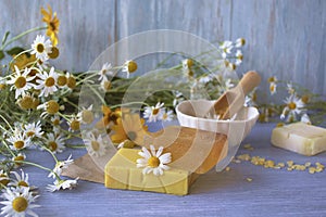 Soap with chamomile, bouquets of fresh chamomile flowers and sea salt