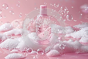 Soap Dispenser with Bubbles on Pink Background