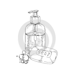 Soap and dispenser with liquid detergent, retro hand drawn vector illustration.