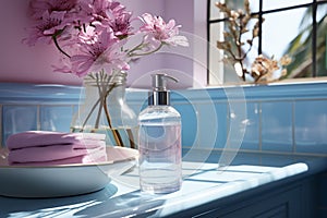 Soap dispenser, pink towels, flowers on blue counter.