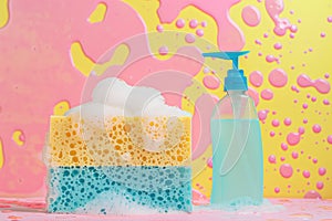 Soap dispenser and sponges with a foamy texture on a vibrant, multicolored background, suitable for cleaning service