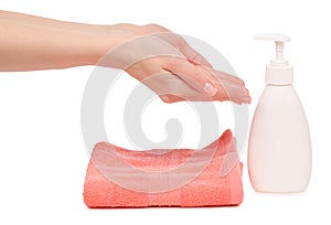 Soap with dispenser towels female hands