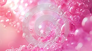 Soap foam with bubbles in pink color. Bright abstract background for design