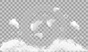 Soap foam and bubbles on transparent background. Vector