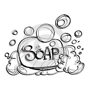 Soap with foam hand drawing. Black and white sketch, outline