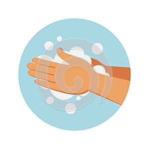 Soap hand wash. Cleaning process. Icon with cartoon soapy arms. Human limbs and cleanser foam. Sanitary and hygiene