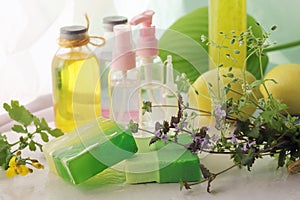 Soap, herbs, spray and bottles with aromatic oil on a wooden windowsill