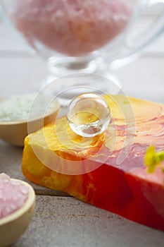 Soap, ingredients for mask and body care, home relaxation, spa. Natural cosmetics concept, healthy lifestyle