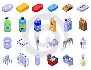 Soap production icons set isometric vector. Chemical industry