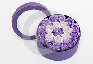 Soap purple Roses arrangements in box, eternal and romantic flowers gift