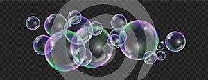 Soap rainbow bubbles realistic isolated black transparent background. Colorful foam soap bubbles with reflections