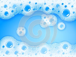 Soap sud. Vector transparent foam on blue water background