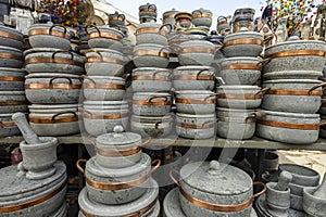 Soapstone pots at a crafts fair in the center of Ouro Preto, Minas Gerais, Brazil