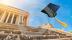 A soaring graduation cap symbolizes success and transition, set against the backdrop of a sunlit university's iconic