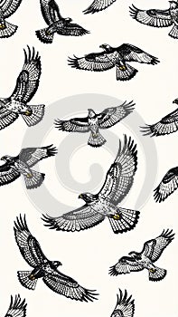 Soaring Hawks Pattern - Dynamic Black and White Bird Design