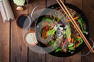 Soba noodles with beef, carrots, onions.