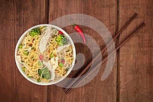 Soba noodles with vegetables and chicken meat, shot from the top