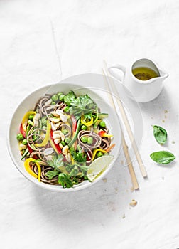 Soba noodles vegetables pad thai on light background, top view. Vegetarian food