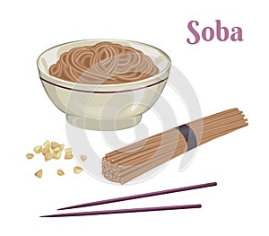 Soba set. Raw and boiled  buckwheat soba noodles in bowl isolated on white background. Vector illustration of japanese food