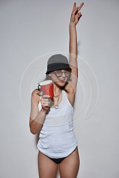 Sober living concept. Young girl with red cup