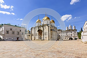 Sobornaya square of Moscow Kremlin with cathedral of Dormition Uspensky Sobor, Patriarshy cathedral and palace of Facets photo