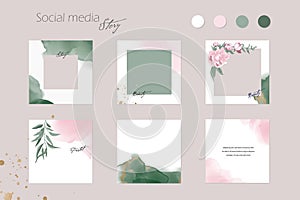 Instagram backgrounds, social media stories, posts feed layouts. pink green watercolor photo