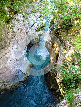 Soca rive at the Great Soca gorge waterfalls