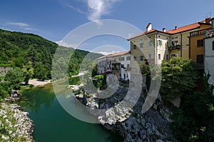 Soca river in Kanal on the Soca town, Slovenia, Europe