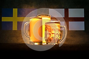 Soccer 2018. Creative concept. Beer glasses with beer on table ready to drink. Support your country with beer concept.