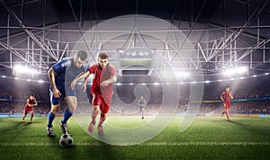 Soccer action on 3d sport arena. mature players fight for the ball.