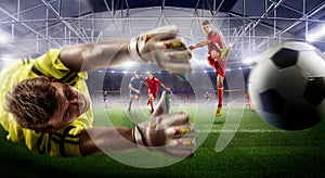 Soccer action on 3d sport arena. mature players fight for the ball. photo