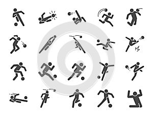Soccer in actions icon set. Included icons as football player, goalkeeper, dribble, overhead kick, volley kick, shoot and more.