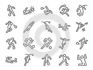 Soccer in actions line icon set. Included icons as football player, goalkeeper, dribble, overhead kick, volley kick, shoot and mor