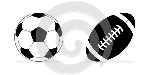 Soccer and american football balls icons. American and soccer balls in icon design. Sport concept. Vector illustration