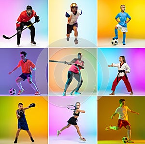 Soccer and american football, hockey, taekwondo, tennis, fitness, boxing. Collage of different little sportsmen in