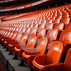 Soccer anticipation Empty orange seats await fans at stadium rows