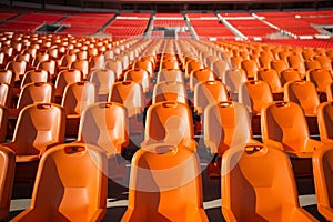 Soccer anticipation Empty orange seats await fans at stadium rows