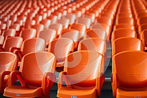 Soccer anticipation Empty orange seats await fans at stadium rows