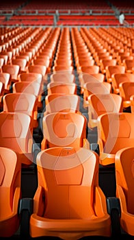 Soccer anticipation Empty orange seats await fans at stadium rows