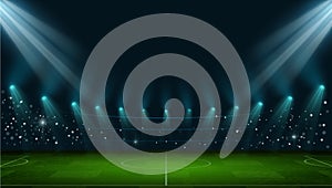 Soccer arena. Realistic european football stadium with grass field, lights and spotlights. 3d ball sport game playground