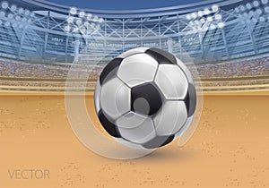 Soccer arena. Realistic european football stadium with grass field, lights and spotlights. 3d ball sport game playground