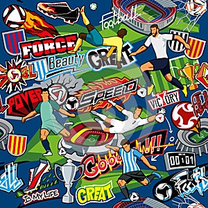 Soccer background. Seamless pattern. Football attributes, football players of different teams, balls, stadiums, graffiti, inscript