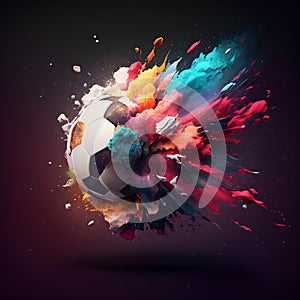 Soccer ball with abstract paint splashes on dark background. 3d illustration